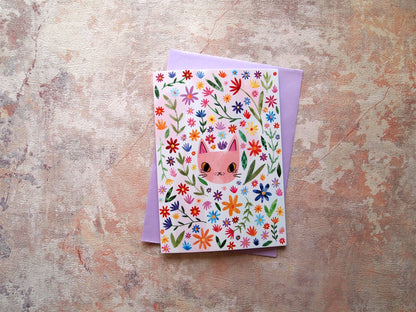 I LIKE CATS - Cat Face and Flowers Birthday Greetings Card