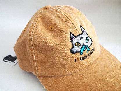 I Like Cats embroidered washed yellow vintage style baseball cap