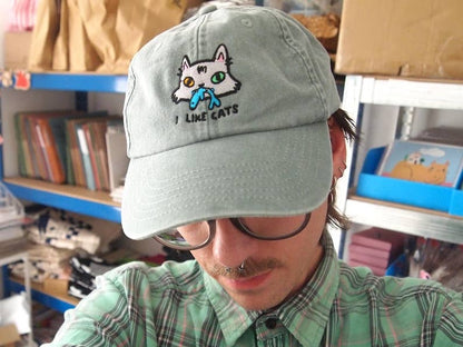 I LIKE CATS embroidered washed sage green vintage style baseball cap