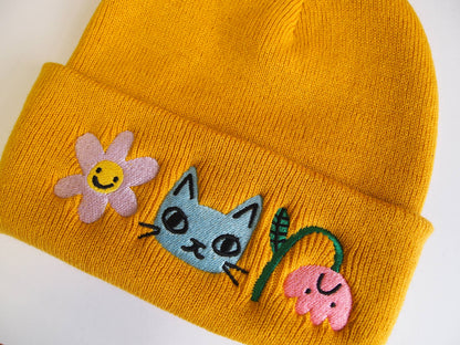 Cat and Flowers Embroidered mustard Knitted Beanie Hat