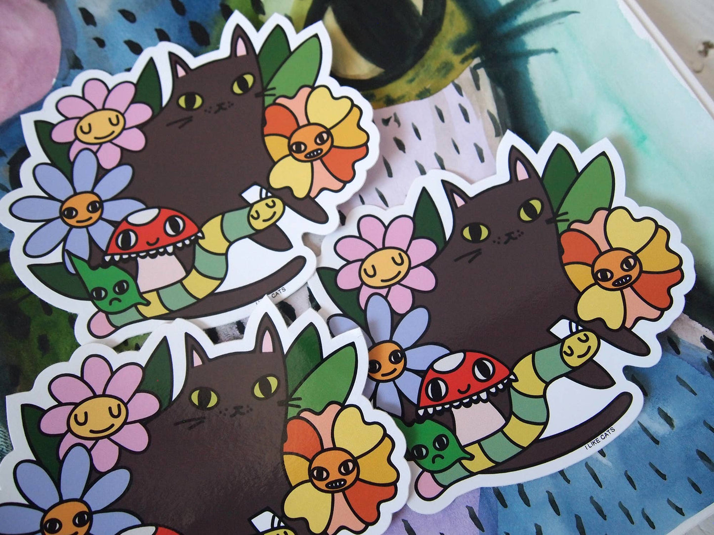 Black cat with flowers, bugs and mushroom vinyl sticker
