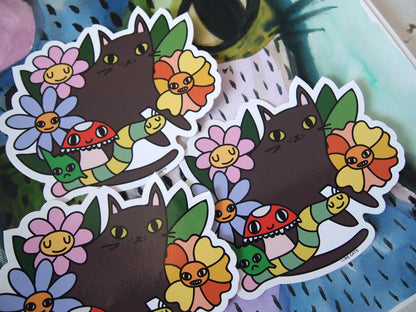 Black cat with flowers, bugs and mushroom vinyl sticker