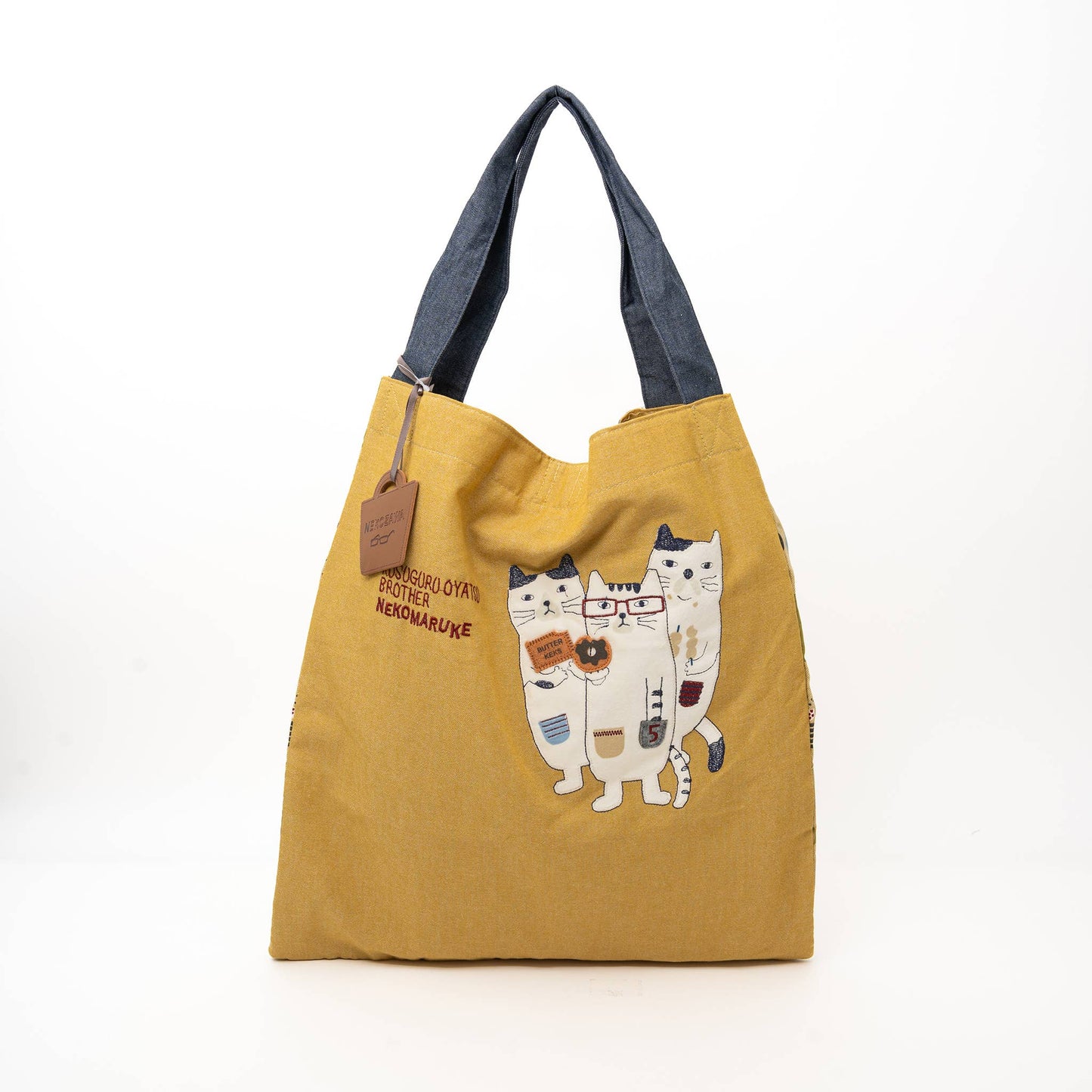 Kusuguru Japan Three Cats Embroidered Large Tote Bag -Yellow