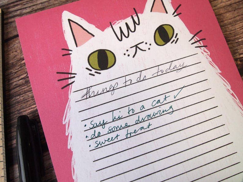 Fluffy white cat illustrated A5 notepad, Listpad,