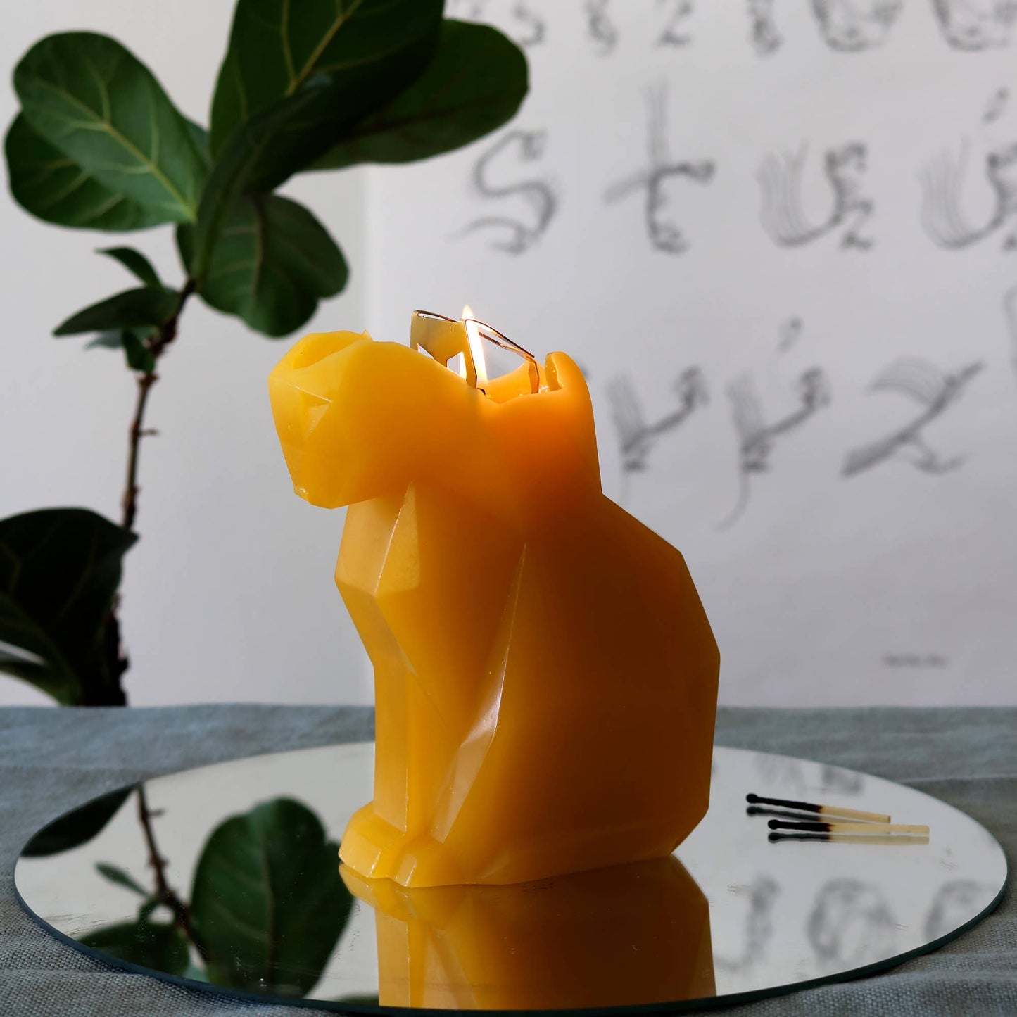 PyroPet Kisa Cat Skeleton Candle - 7" Tall, Mustard Yellow