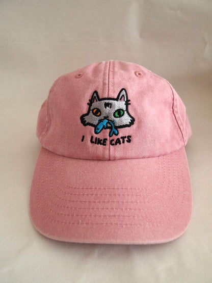 Cat face I Like Cats embroidered washed pink vintage style baseball cap