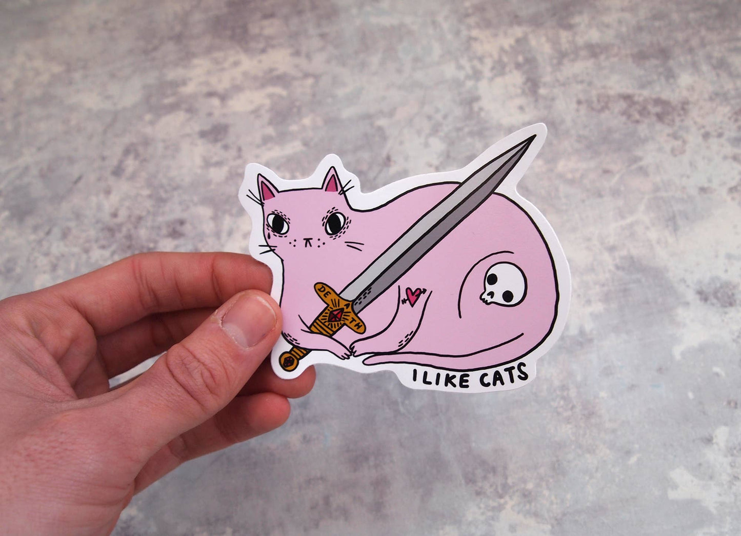 Pink cat with sword illustrated vinyl sticker