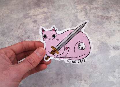 Pink cat with sword illustrated vinyl sticker