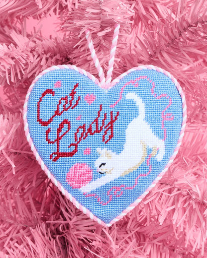 Cat Lady Needlepoint Ornament | christmas, cat, heart