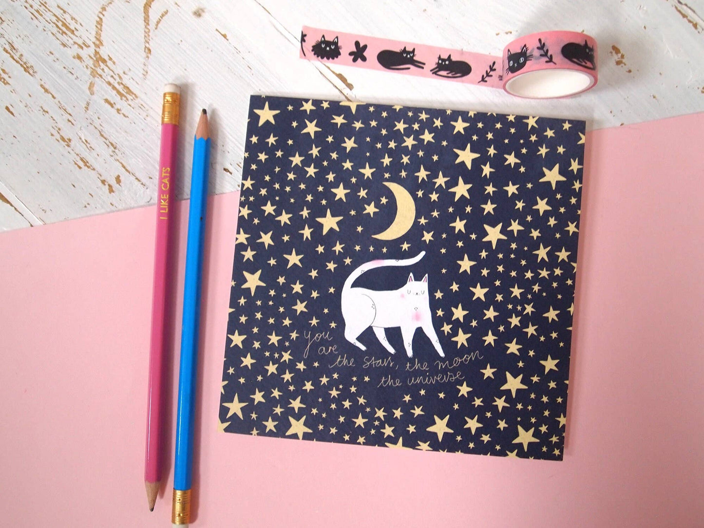 I LIKE CATS - Romantic Cat, Moon and Stars Greetings Card
