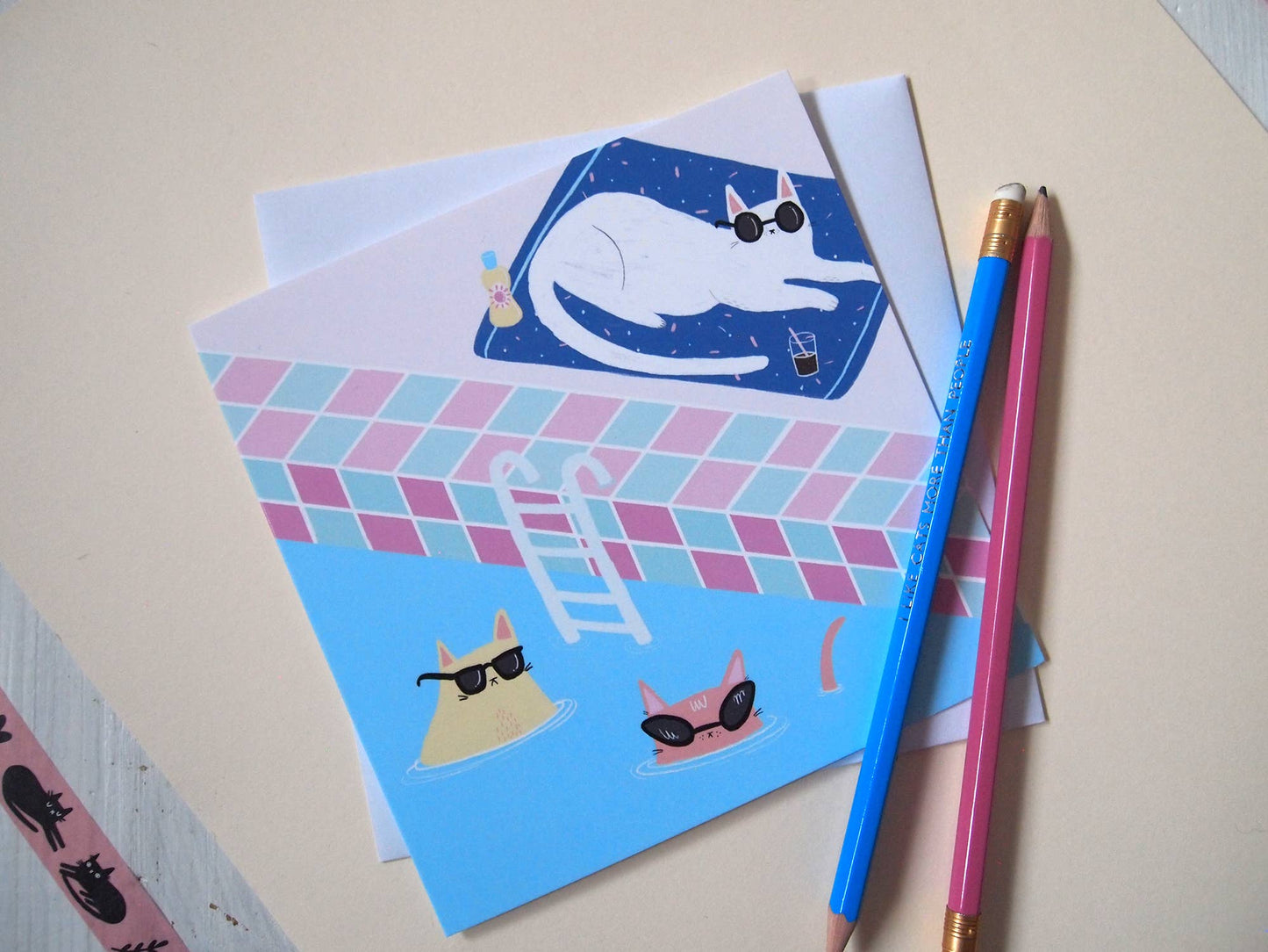 I LIKE CATS - Illustrated card, cats at the swimming pool greetings card