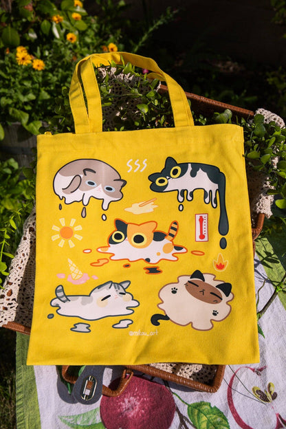 MikouArt - Melting Cats Cotton Tote Bag | Inner Pocket + Zipper | 100% Cotton | Gift for Cat Lovers | Handmade, Durable and Functional