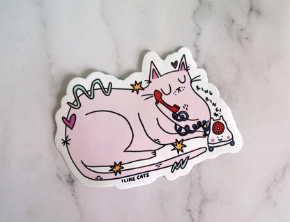 Illustrated Cat With Phone Vinyl Decal Sticker