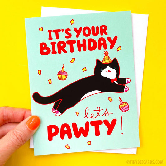 Tuxedo Cat Birthday Card - Let's Pawty!