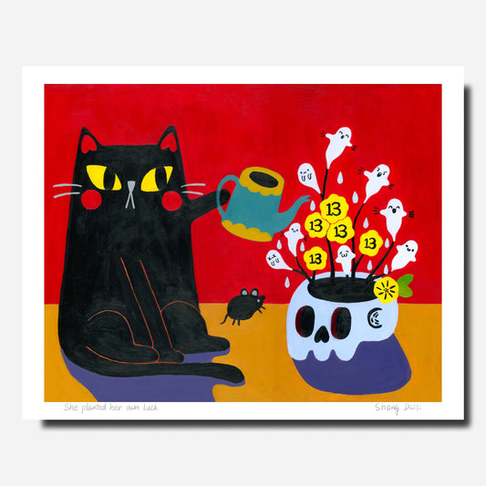 Cat Art Print - She planted her own luck