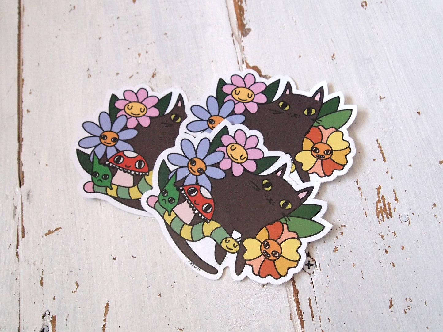 Black cat with flowers, bugs and mushroom vinyl sticker