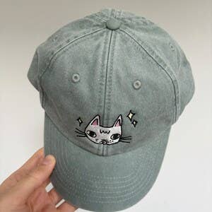 Cat face embroidered washed sage green vintage style baseball cap
