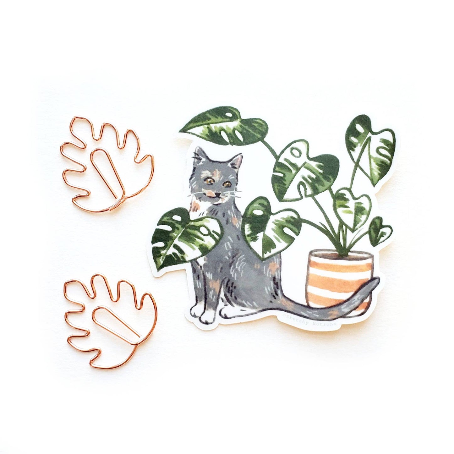 Cat and Plant Sticker 8 - Dilute Calico with Monstera Plant