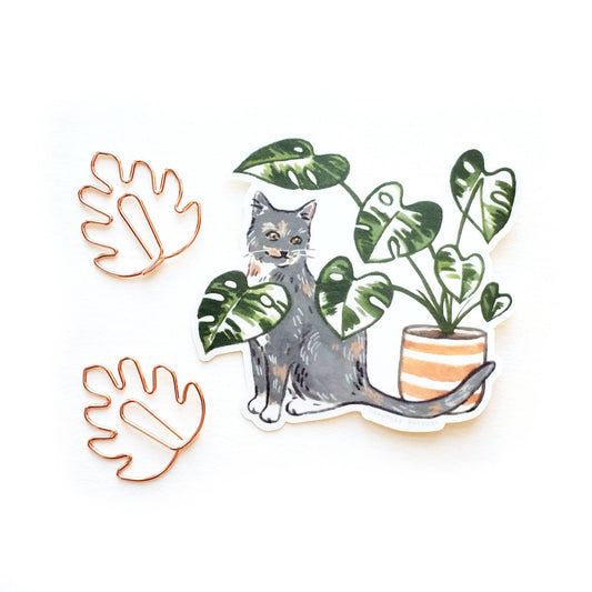 Cat and Plant Sticker 8 - Dilute Calico with Monstera Plant