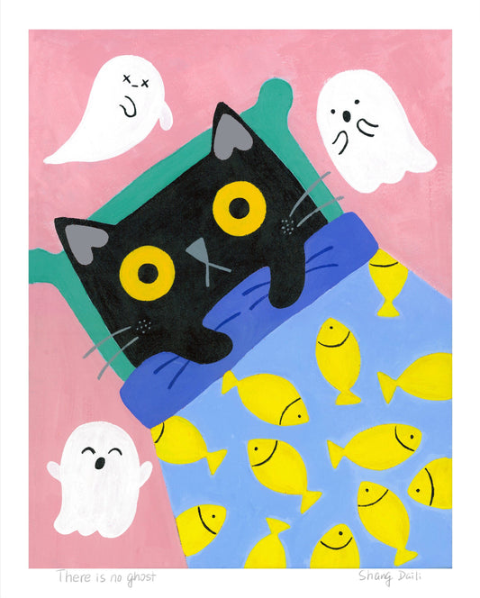 Illustration of a black cat under a blue blanket with yellow fish, surrounded by white ghosts on a pink background.
