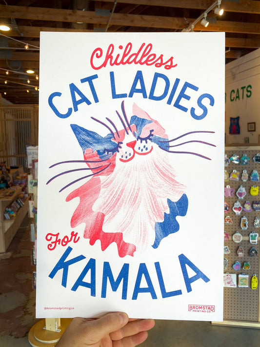 "Childless Cat Ladies for Kamala" risograph print