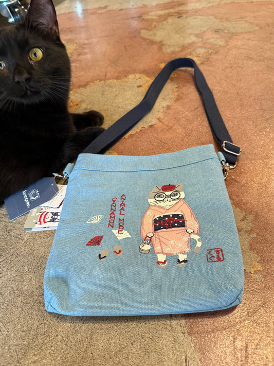 Kusuguru Japan Embroidered Kimono Cat Crossbody Bag