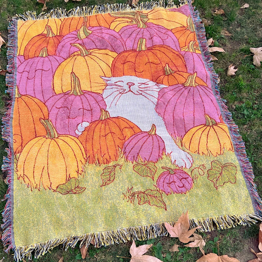 Happiest Cat at the Pumpkin Patch jacquard blanket