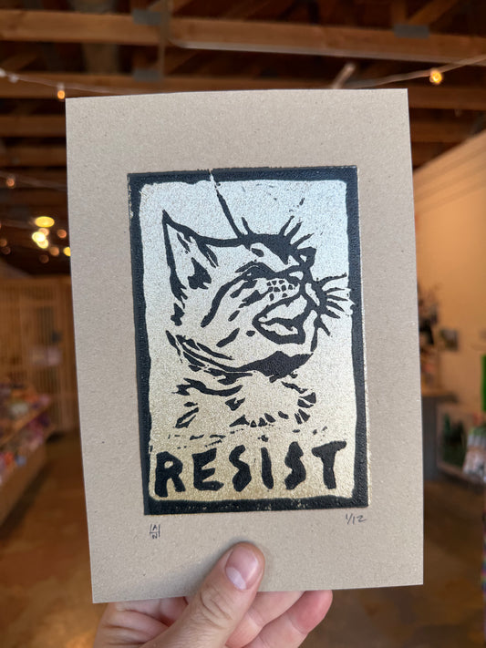 Resist 2-color linocut print