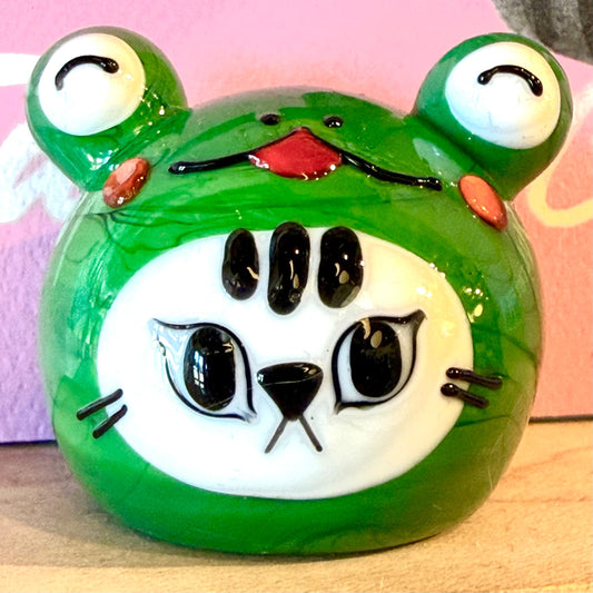“Safe and Sound” Cat Frog glass art