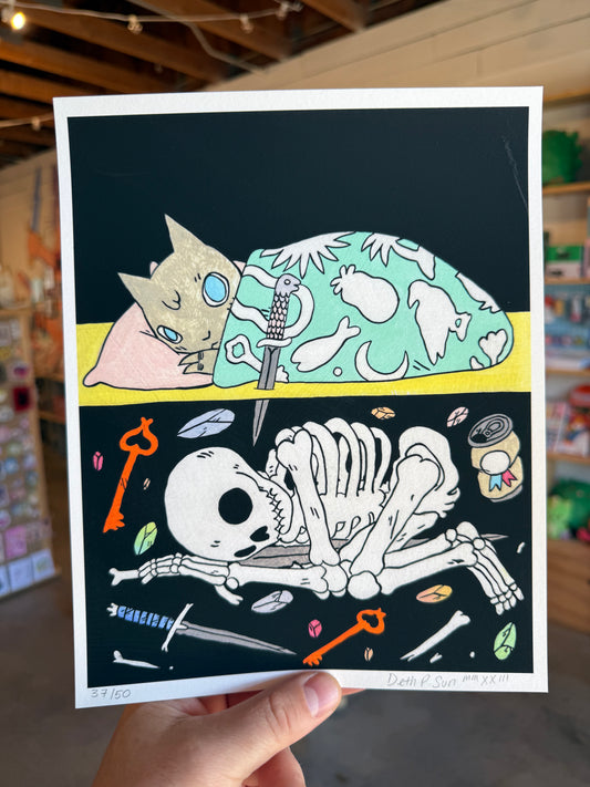 Sleeping Cat & Skeleton print by Deth P Sun