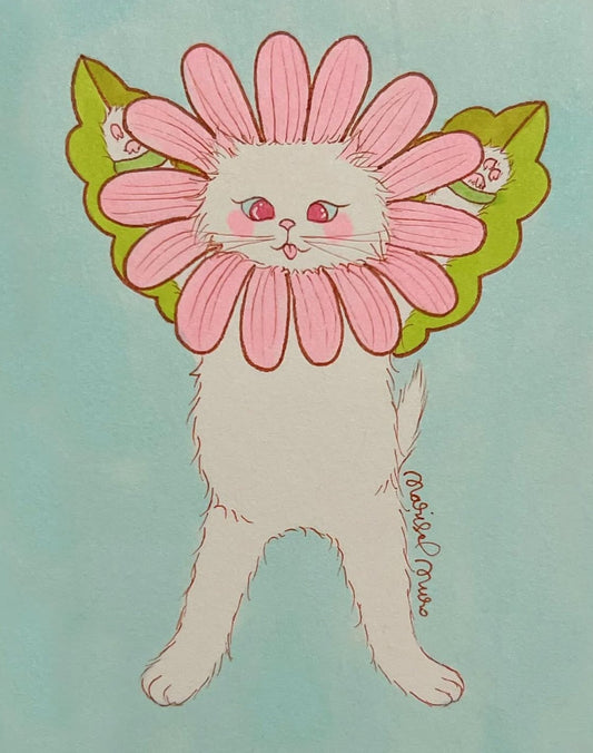 Illustration of a cat with a flower-shaped head on a light blue background
