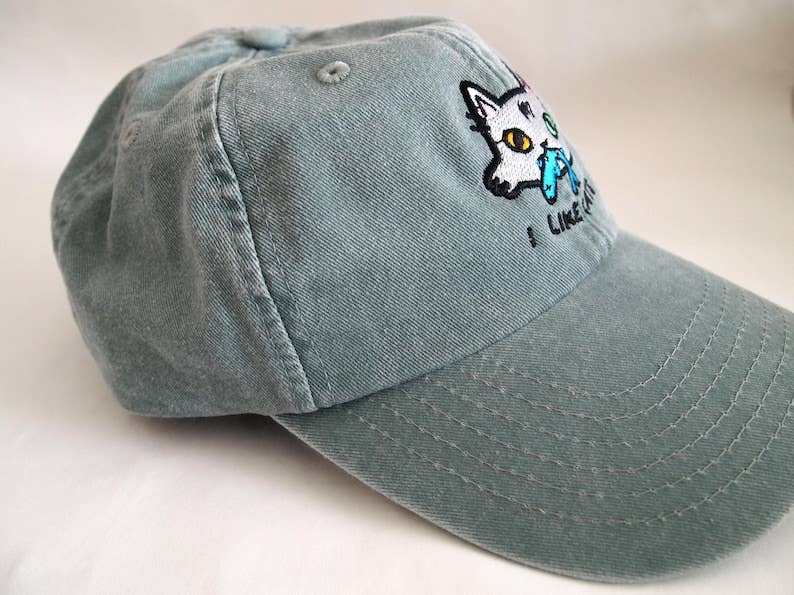 I LIKE CATS embroidered washed sage green vintage style baseball cap