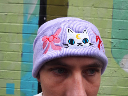 Cat with bows embroidered lavender Knitted Beanie Hat