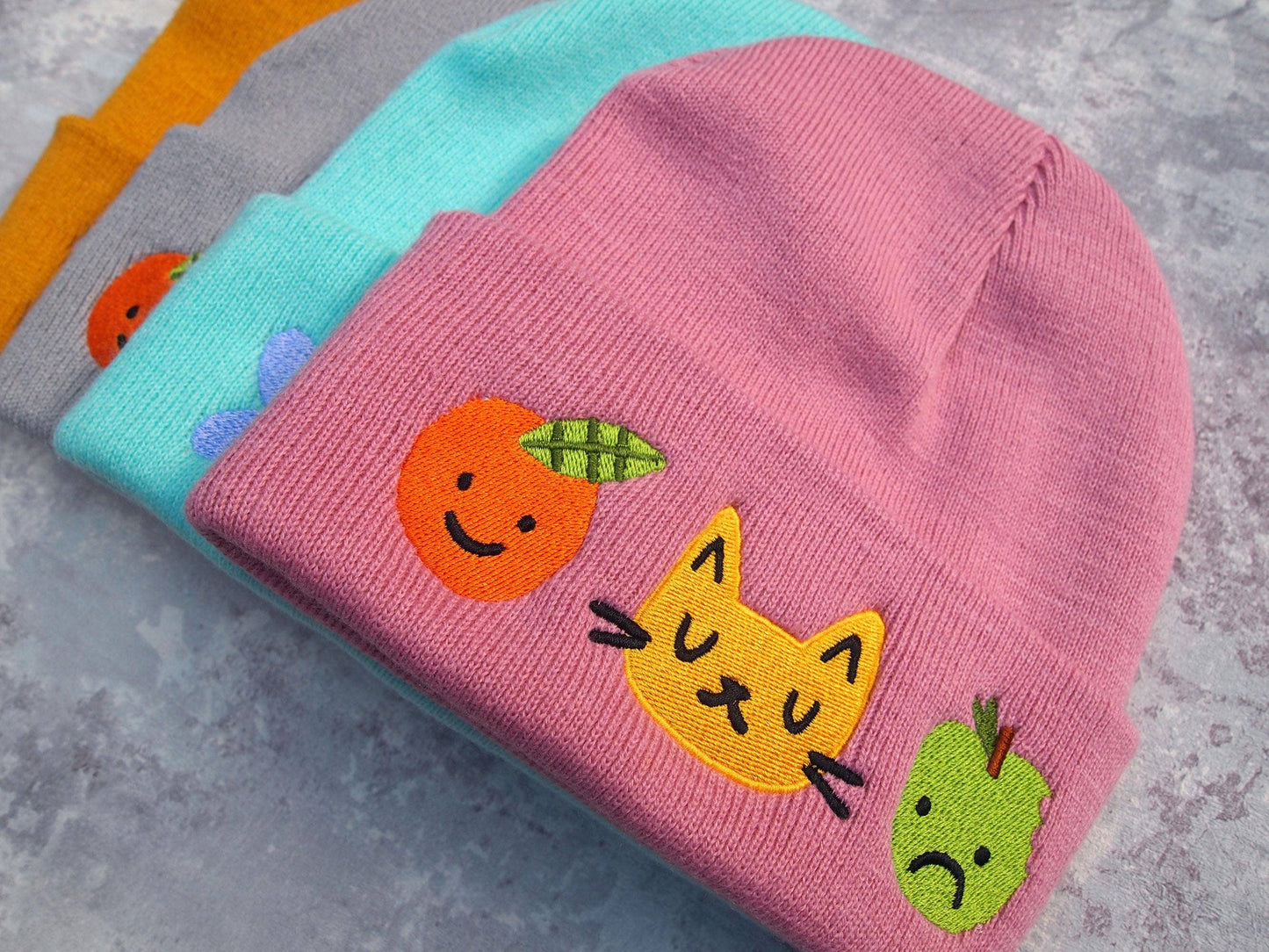 Dusky Pink Cat & Fruit Embroidered Knitted Beanie Hat