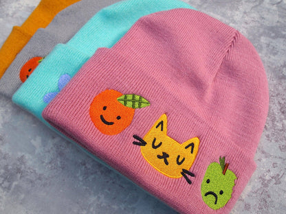 Dusky Pink Cat & Fruit Embroidered Knitted Beanie Hat