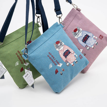 Kusuguru Japan Embroidered Kimono Cat Crossbody Bag
