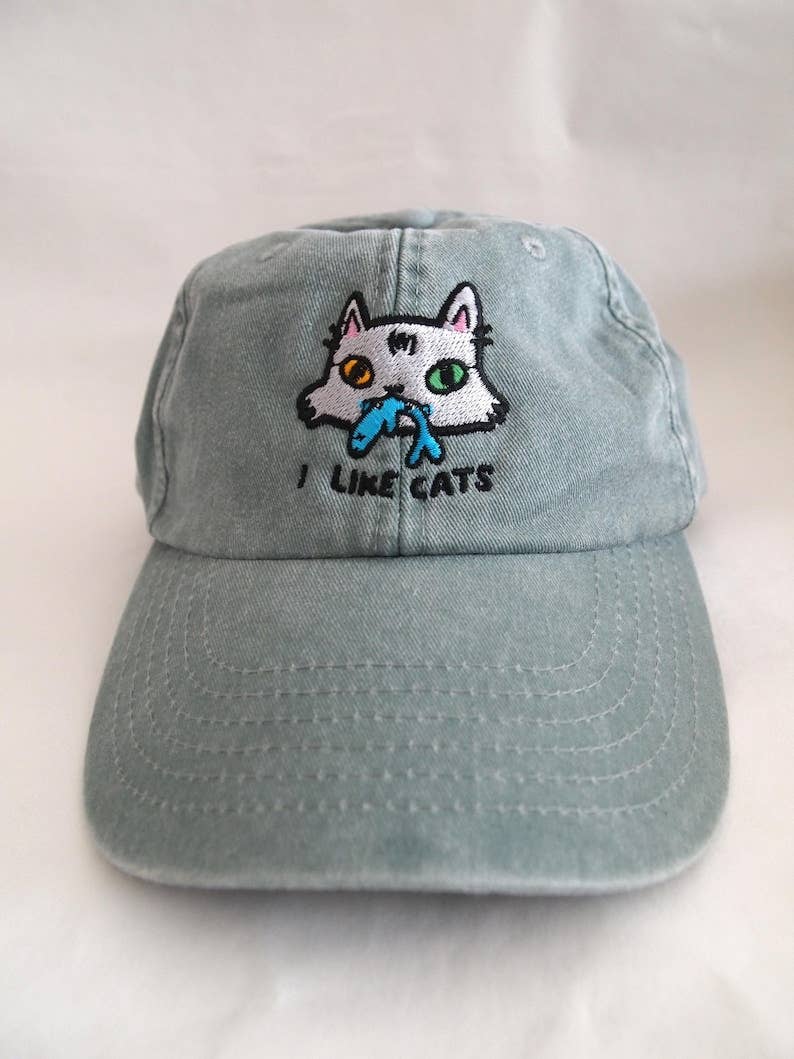 I LIKE CATS embroidered washed sage green vintage style baseball cap