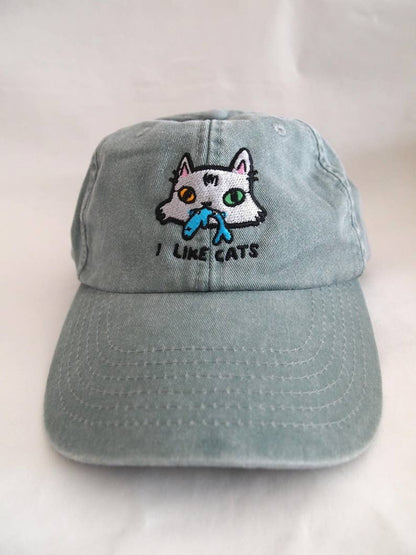 I LIKE CATS embroidered washed sage green vintage style baseball cap