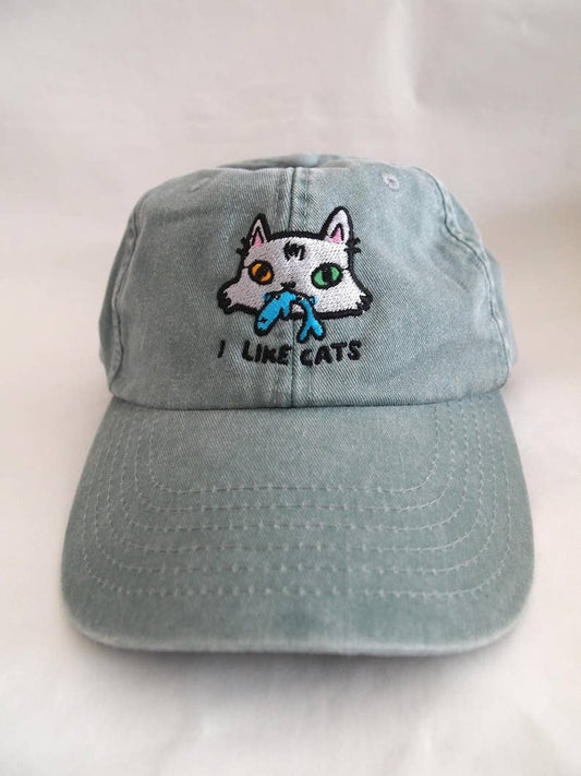I LIKE CATS embroidered washed sage green vintage style baseball cap