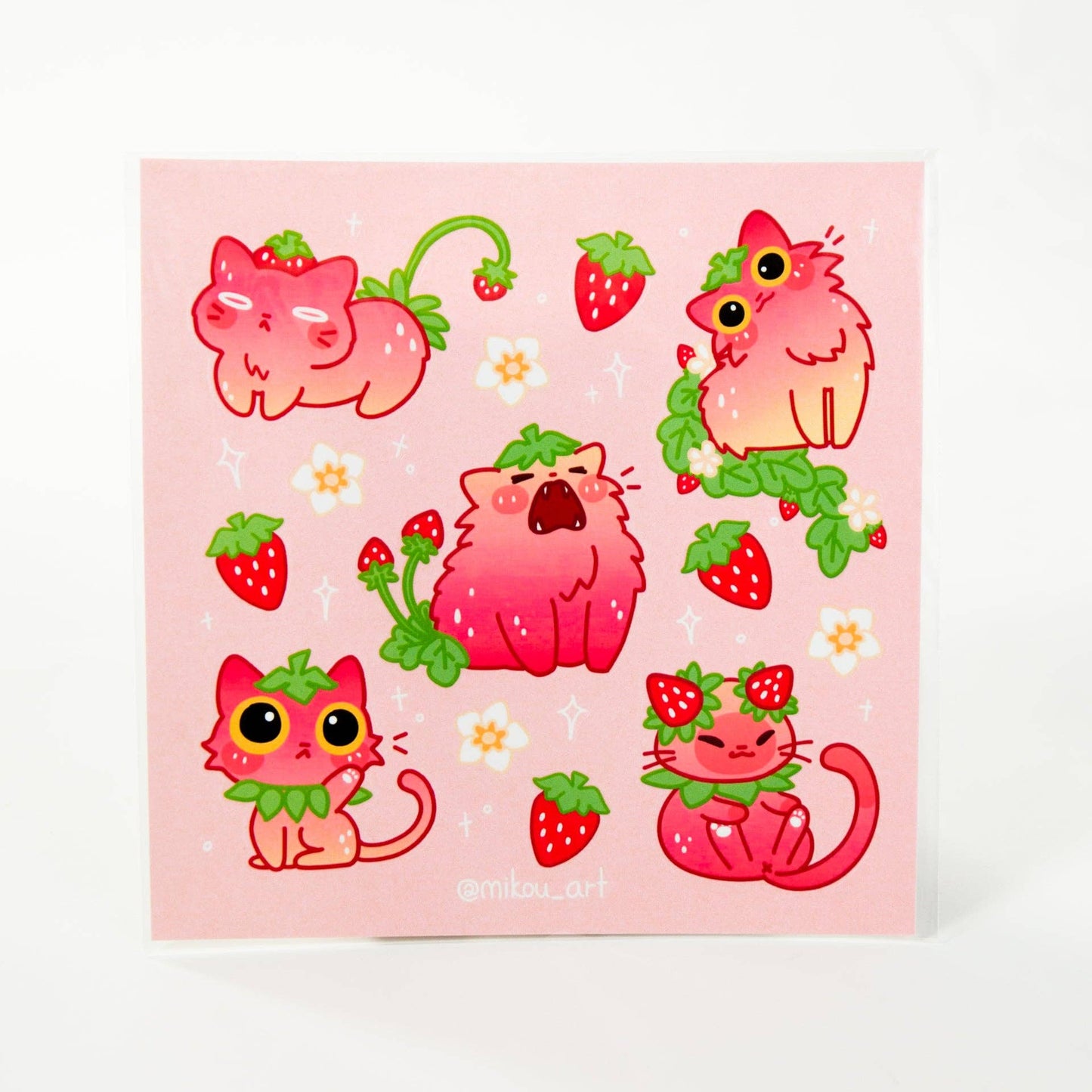 MikouArt - Whimsical Strawberry Cat Collage Vinyl Sticker Sheet | 5.5x5.5 inch | Mikou Original Art