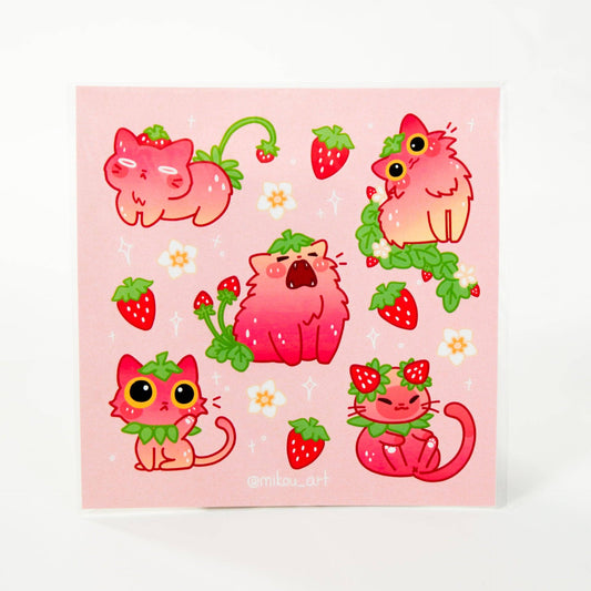 MikouArt - Whimsical Strawberry Cat Collage Vinyl Sticker Sheet | 5.5x5.5 inch | Mikou Original Art