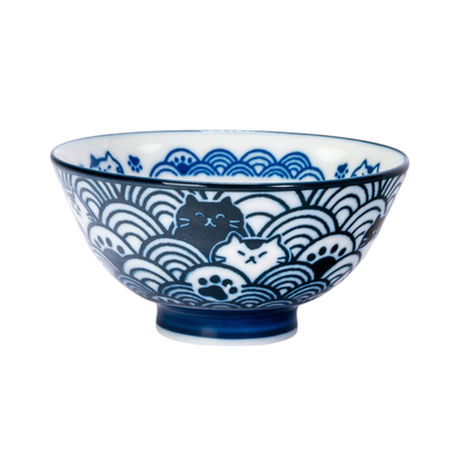 Seikaiha Neko Design 10oz 4.5"Dia x 2.5"H Porcelain Rice Bowl Navy JP (5/90)
