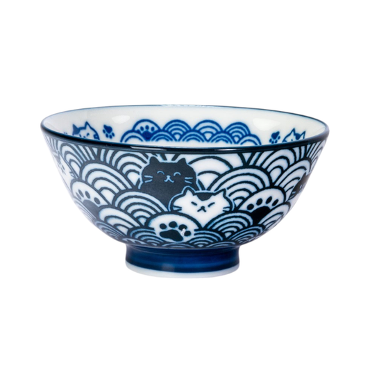 Seikaiha Neko Design 10oz 4.5"Dia x 2.5"H Porcelain Rice Bowl Navy JP (5/90)