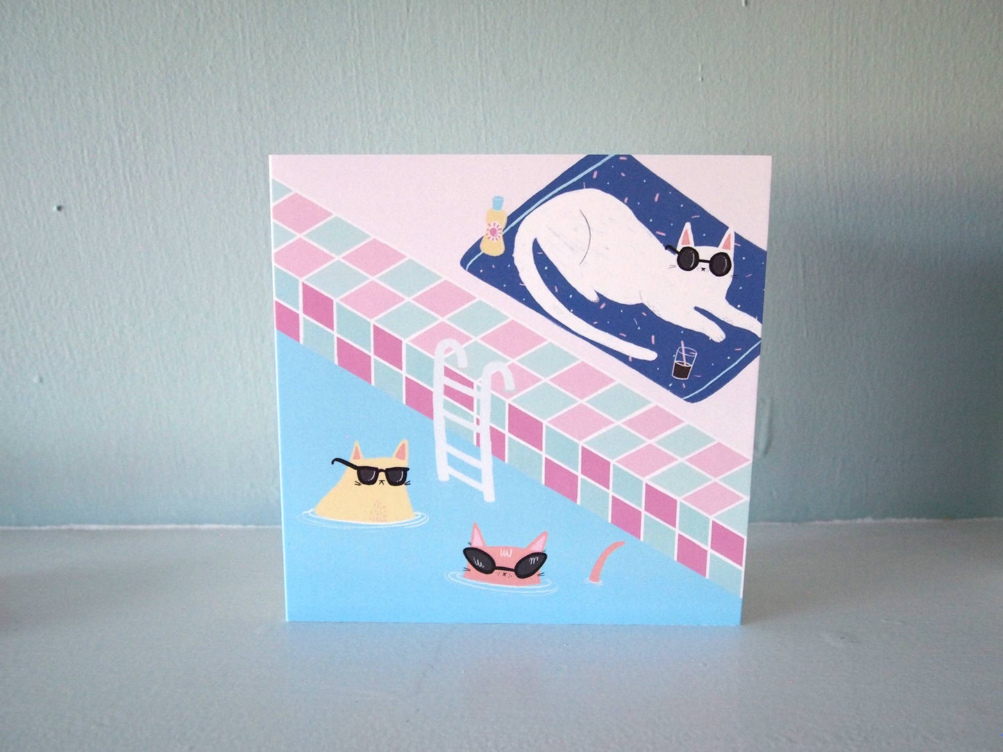 I LIKE CATS - Illustrated card, cats at the swimming pool greetings card