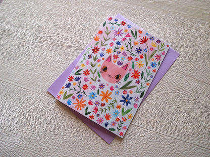 I LIKE CATS - Cat Face and Flowers Birthday Greetings Card