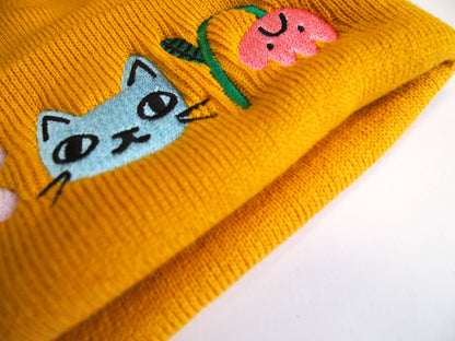 Cat and Flowers Embroidered mustard Knitted Beanie Hat