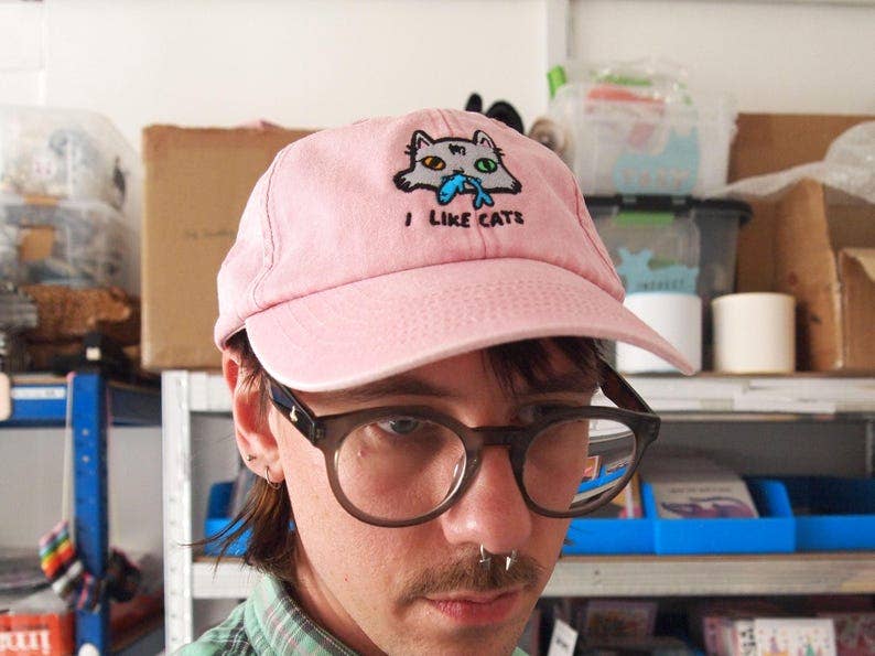 Cat face I Like Cats embroidered washed pink vintage style baseball cap