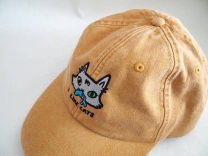 I Like Cats embroidered washed yellow vintage style baseball cap