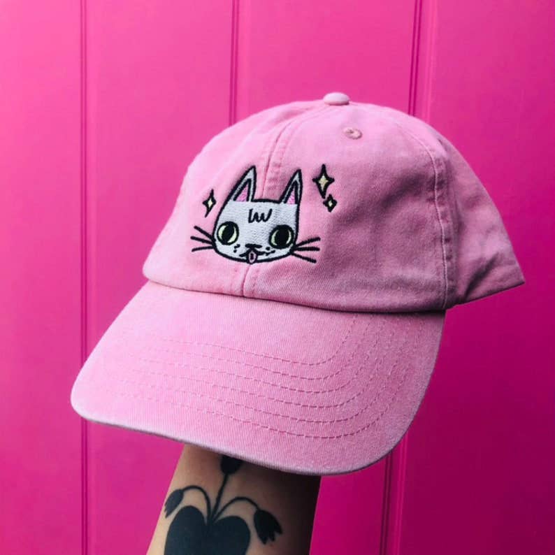 I LIKE CATS - Embroidered cat face pink vintage style baseball cap