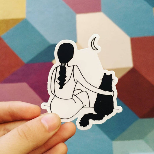 Frankie Blue - Girl and Cat Sticker | Handmade Cute Stickers | Black and White Minimal Cat Sticker
